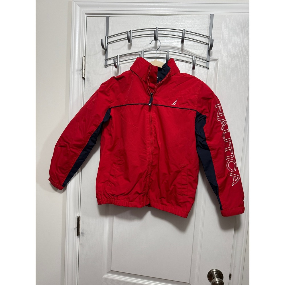 Kids Nautica Red Navy Blue Windbreaker Jacket Size M 10 12 Zip Up Logo